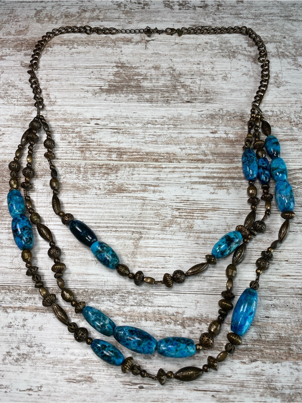 Chico’s Multi Strand Turquoise Blue Stone Beaded Necklace Bronze Tone Bohemian
